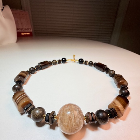 Natural Agate & Wood Beaded Necklace | Earth Tone Statement | Handmade - Picture 8 of 9